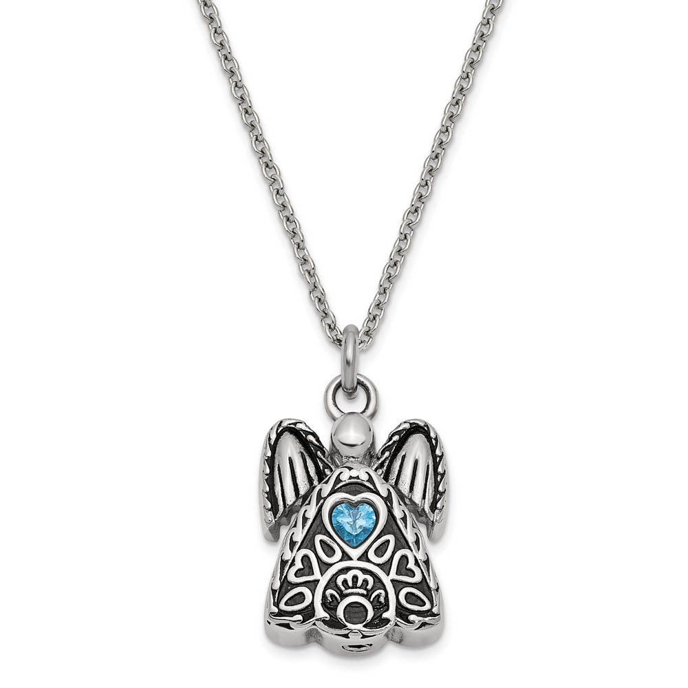 Antiqued Stainless Steel December CZ Angel Ash Holder Necklace, 18 In.