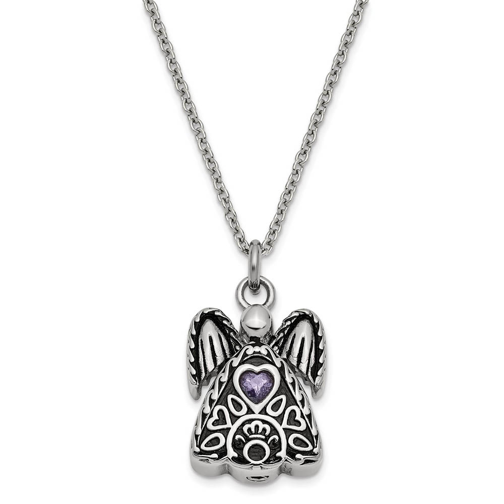 Antiqued Stainless Steel February CZ Angel Ash Holder Necklace, 18 In.