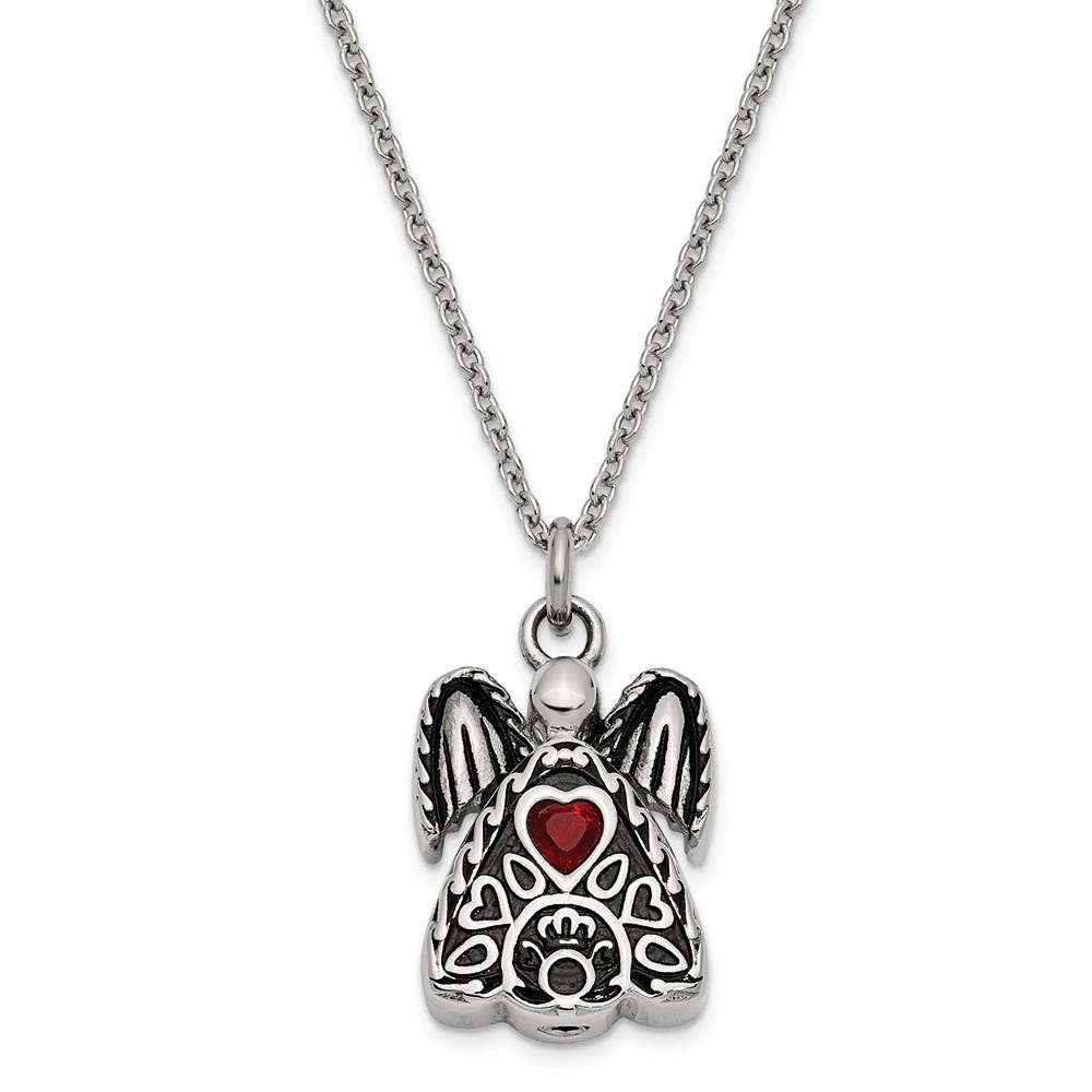 Antiqued Stainless Steel January CZ Angel Ash Holder Necklace, 18 Inch