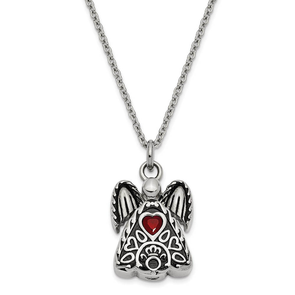 Antiqued Stainless Steel July CZ Angel Ash Holder Necklace, 18 Inch