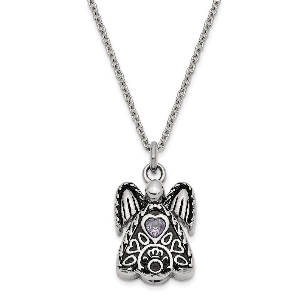 Antiqued Stainless Steel June CZ Angel Ash Holder Necklace, 18 Inch