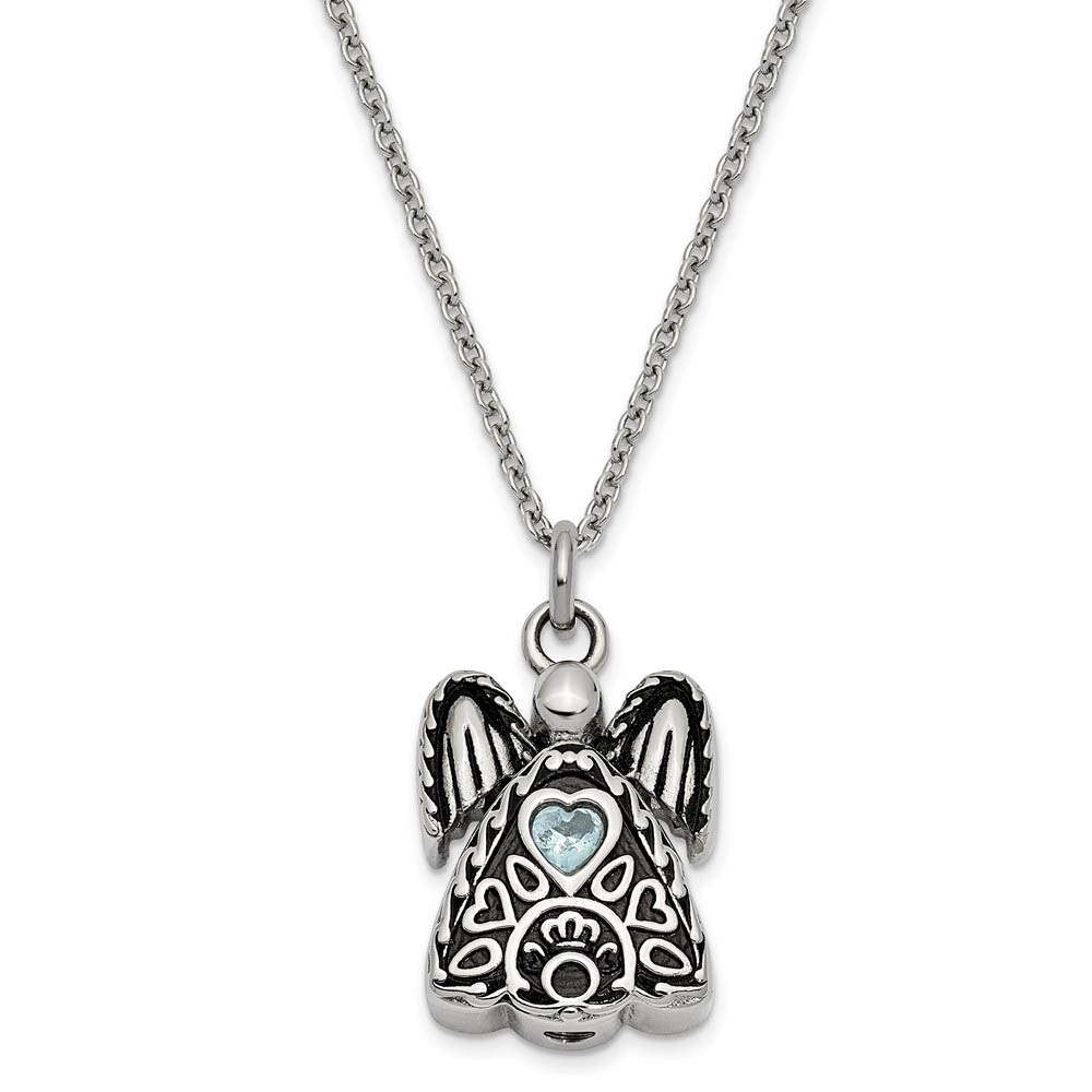 Antiqued Stainless Steel March CZ Angel Ash Holder Necklace, 18 Inch