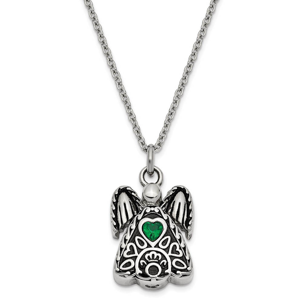 Antiqued Stainless Steel May CZ Angel Ash Holder Necklace