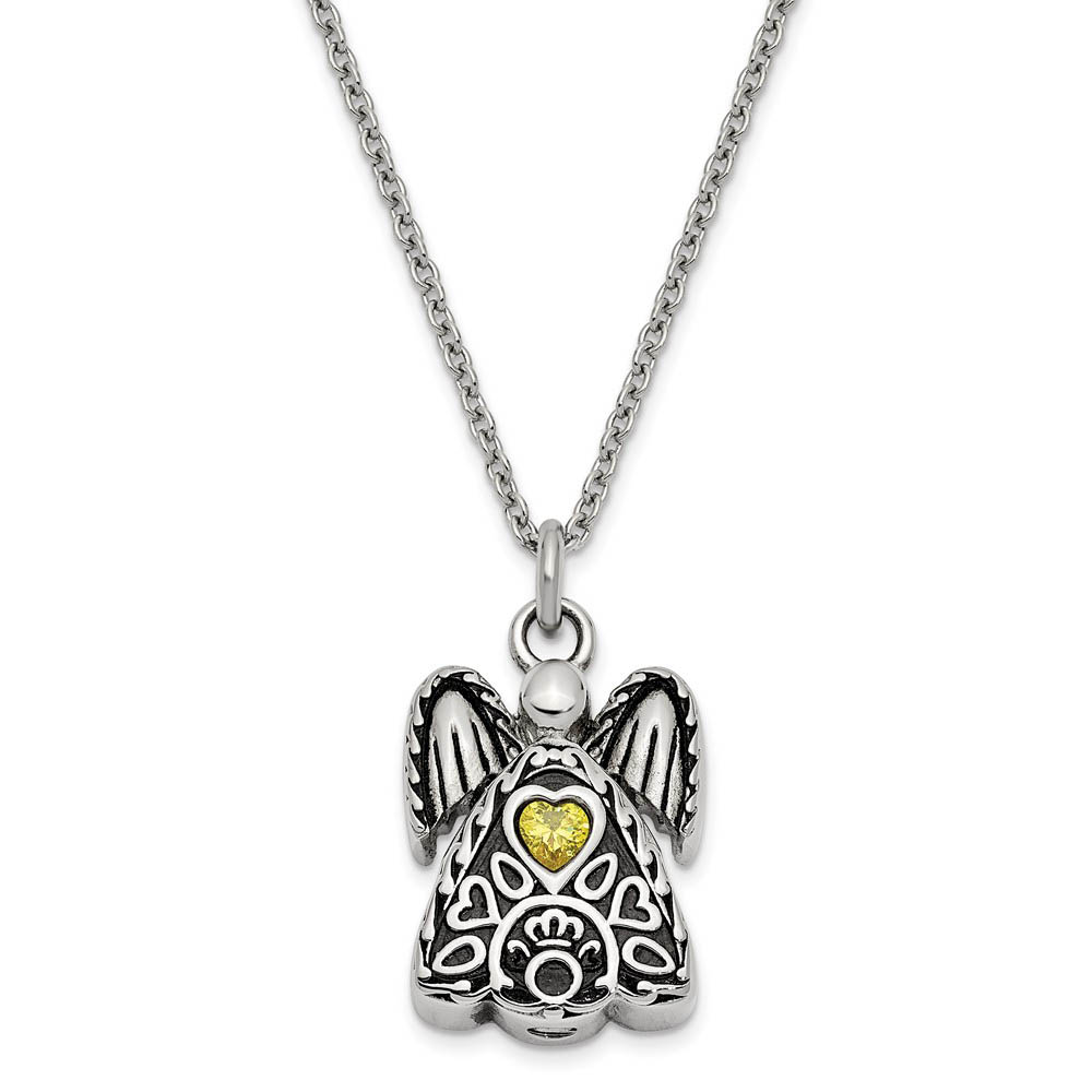 Antiqued Stainless Steel November CZ Angel Ash Holder Necklace, 18 In.