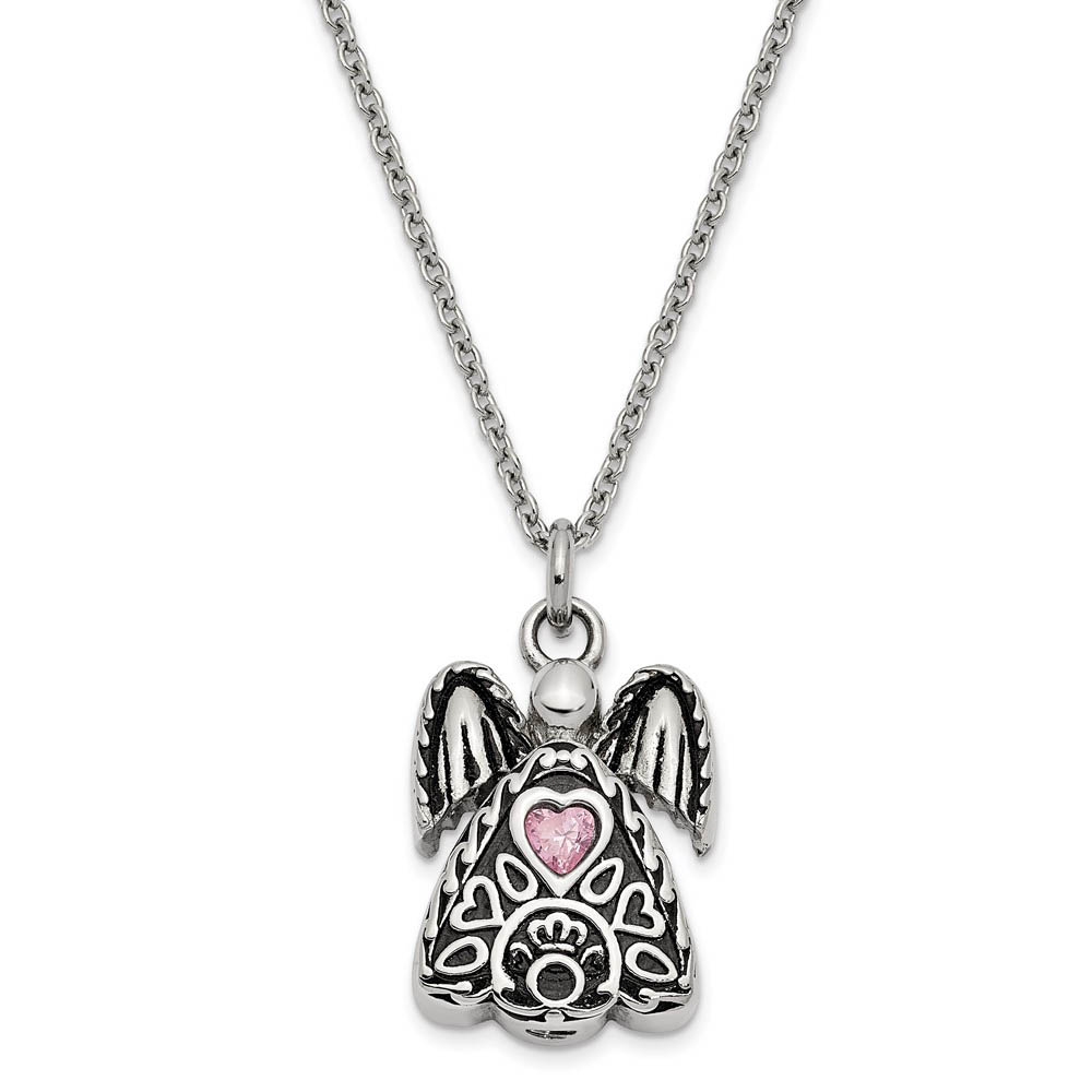 Antiqued Stainless Steel October CZ Angel Ash Holder Necklace, 18 Inch