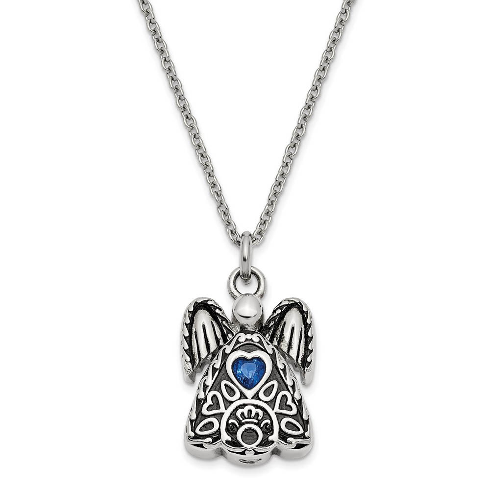 Antiqued Stainless Steel September CZ Angel Ash Holder Necklace, 18 In