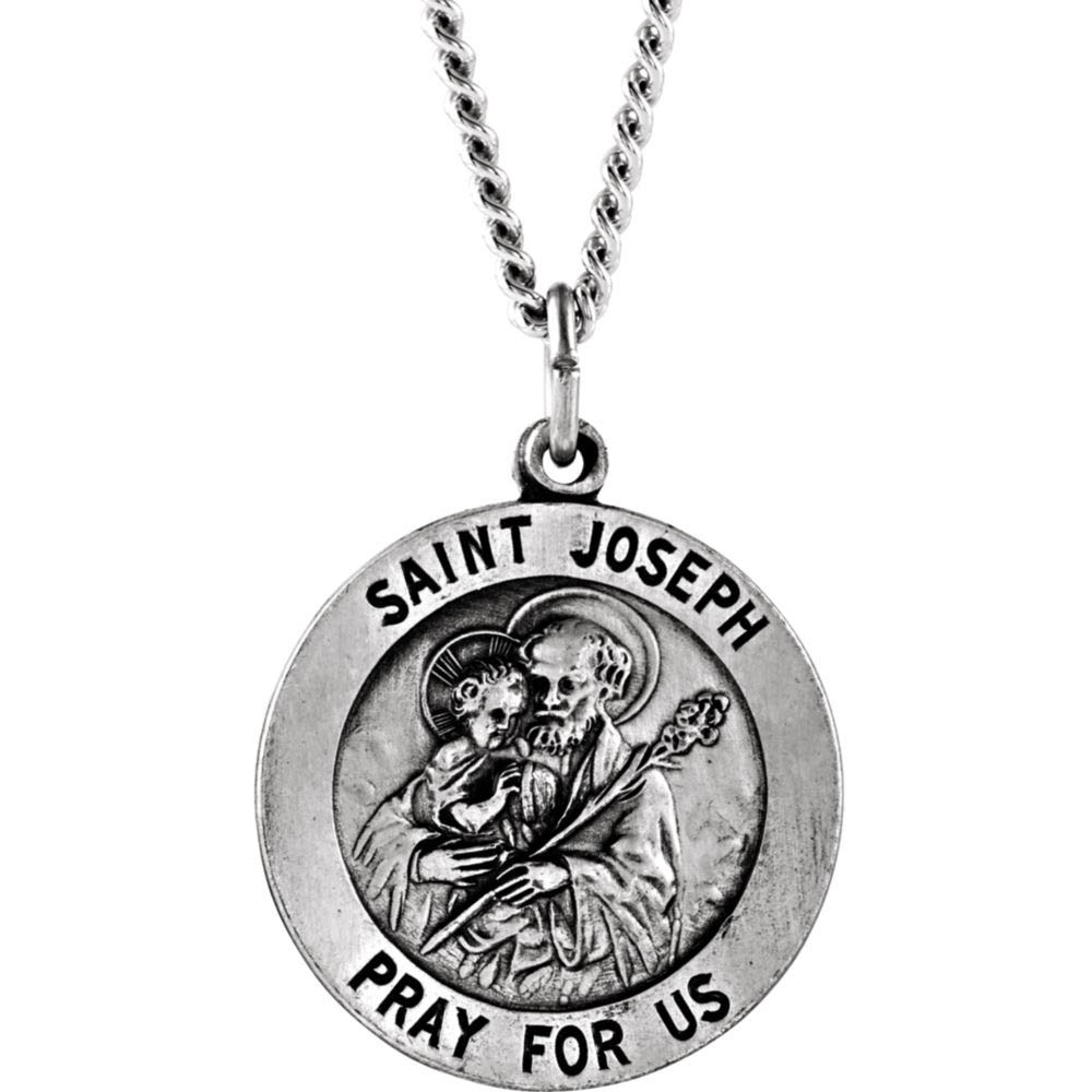 Sterling Silver 15mm Saint Joseph Medal Necklace, inch