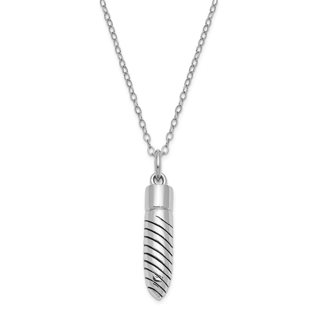 Sterling Silver Antiqued Lined Bullet Ash Holder Necklace, 18 Inch