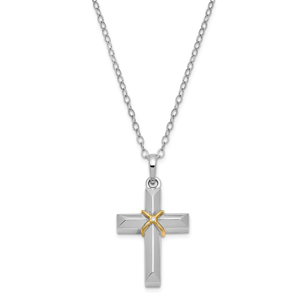 Sterling Silver CZ Gold Tone Accent Cross Ash Holder Necklace, 18 Inch