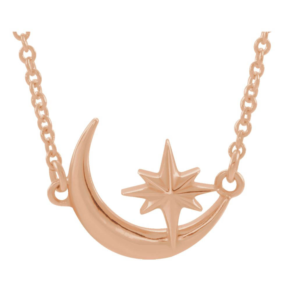 14K Yellow, White or Rose Gold Crescent Moon & Star Necklace