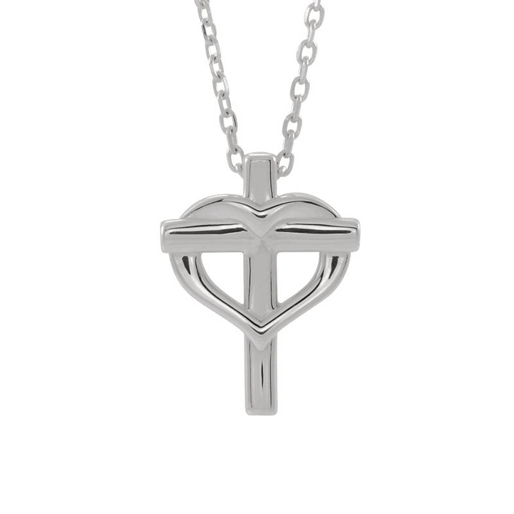 Youth 14k White or Yellow Gold Heart Cross Necklace