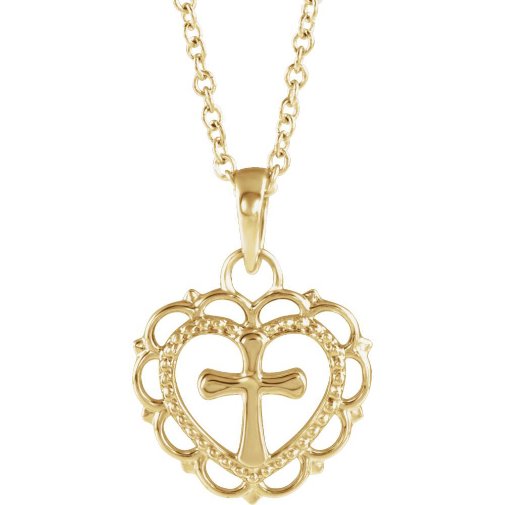 Youth 14k White or Yellow Gold Heart with Cross Necklace, Inch