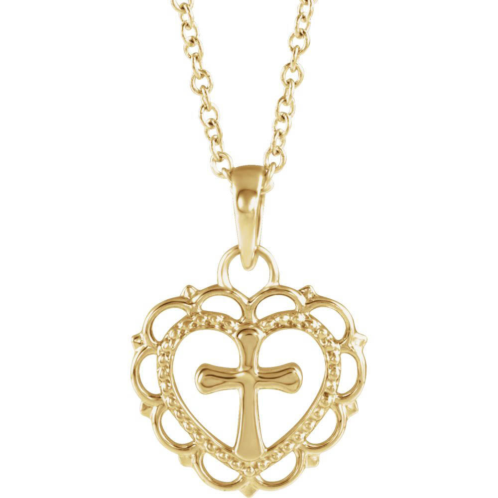 Youth 14k White or Yellow Gold Heart with Cross Necklace, 16-18 Inch