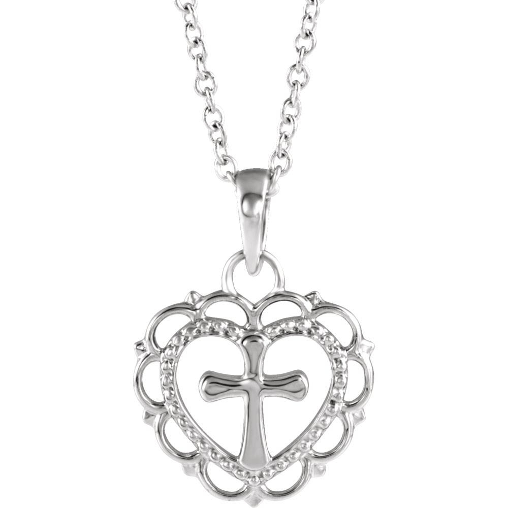 Youth 14k White Gold Scalloped Heart with Cross Necklace, 16-18 Inch