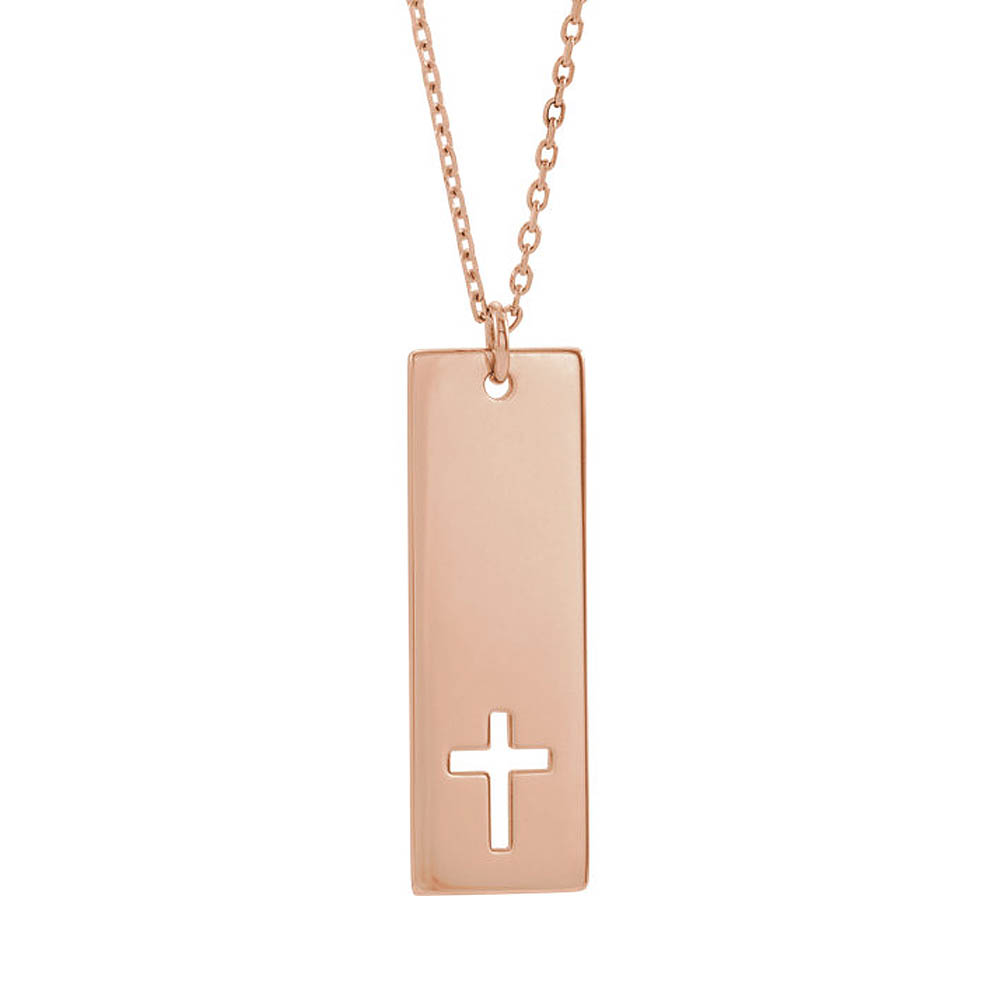 14k Yellow, White or Rose Gold Vertical Bar Pierced Cross Necklace