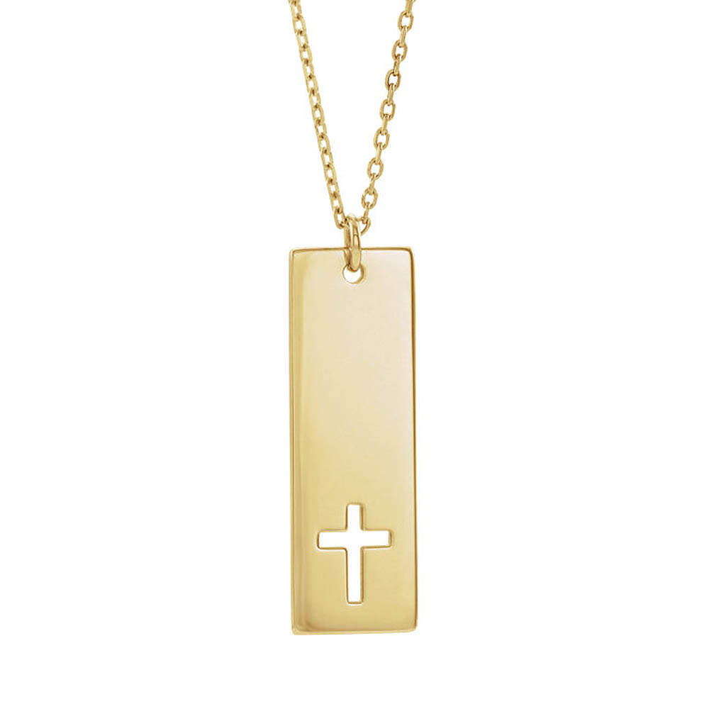 14k Yellow Gold Flat Vertical Bar Pierced Cross Necklace, Inch