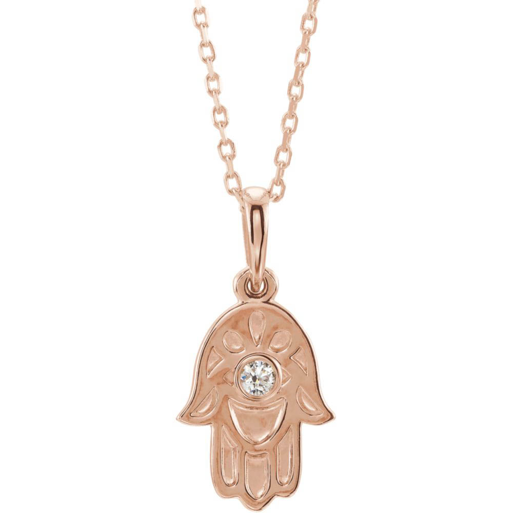 14k Yellow, White or Rose Gold Diamond Small Hamsa Necklace, In