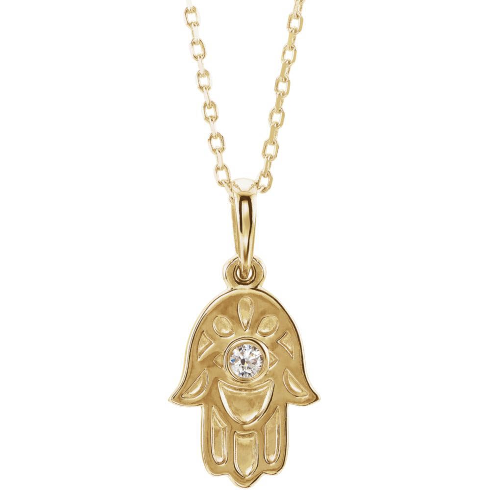 14k Yellow Gold .03 CT Diamond Small Hamsa Necklace, Inch