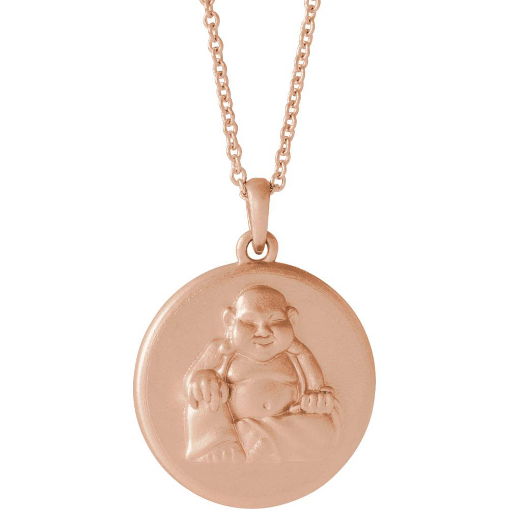 14k White, Yellow or Rose Gold Buddha 16mm Disc Necklace, Inch