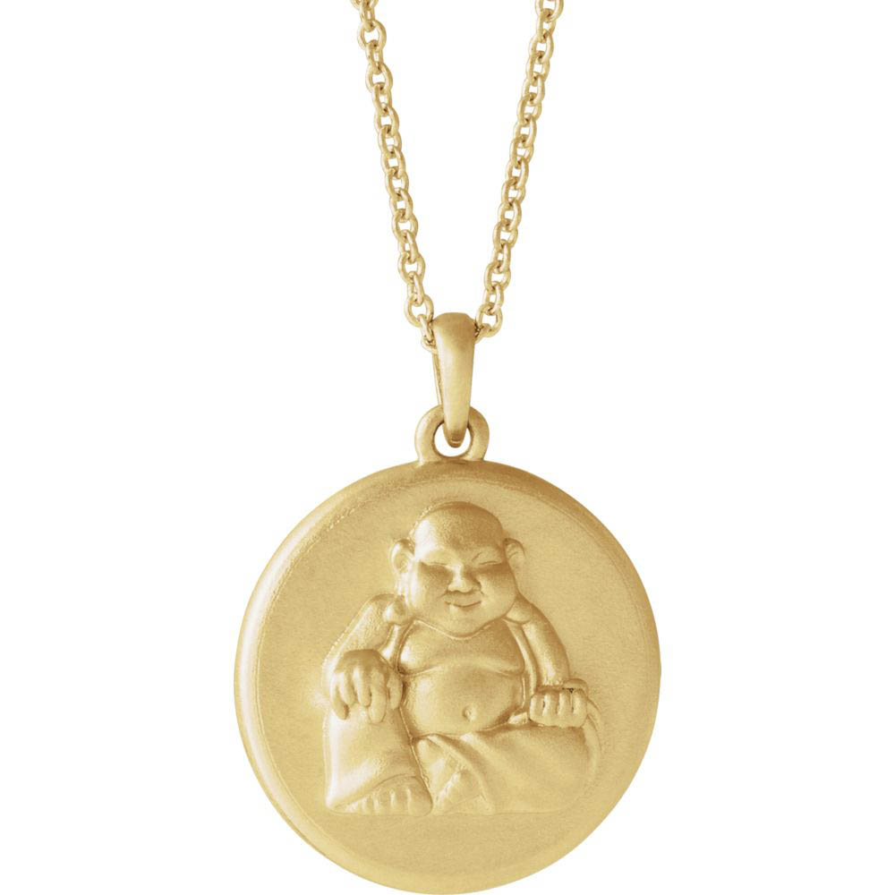 14k Yellow Gold Embossed Buddha 16mm Disc Necklace, Inch