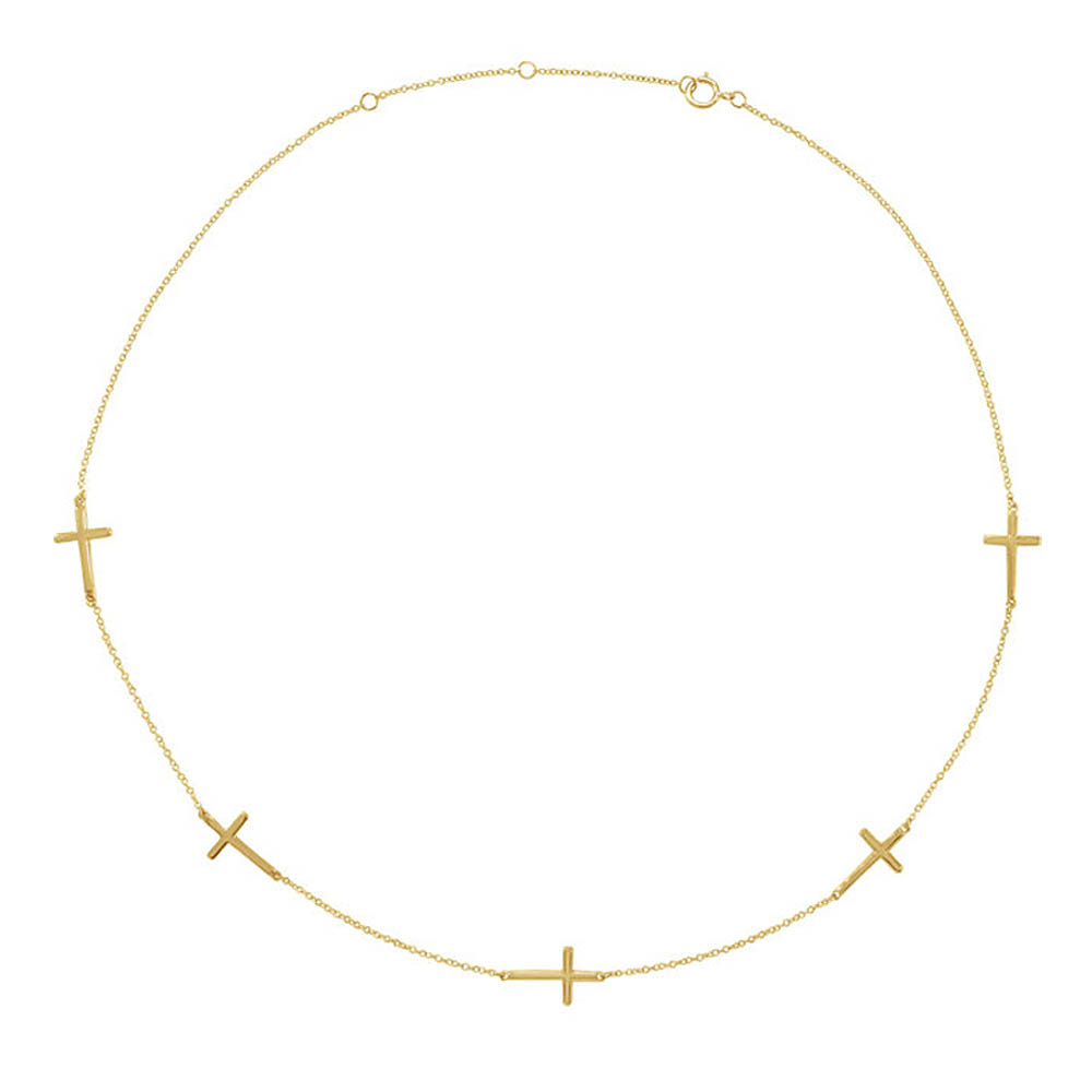 14k Yellow Gold 5 Station Cross Adjustable Necklace, Inch