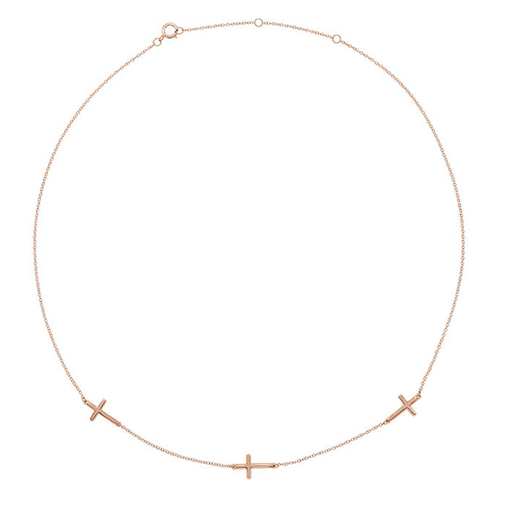 14k Yellow, White or Rose Gold 3 Station Sideways Cross Necklace