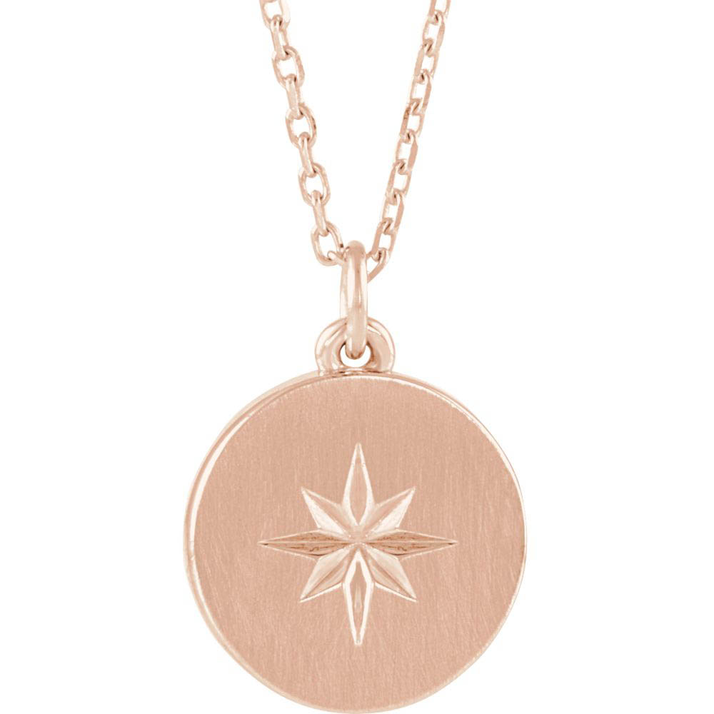 14k White, Yellow or Rose Gold 11mm Starburst Disc Necklace, In