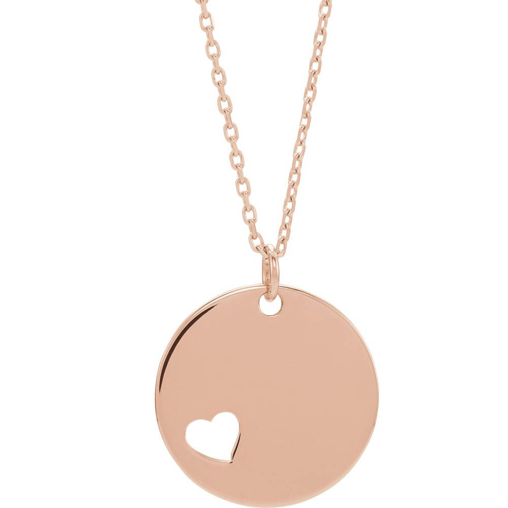 14k Yellow, White or Rose Gold Pierced Heart Disc Necklace, Inch