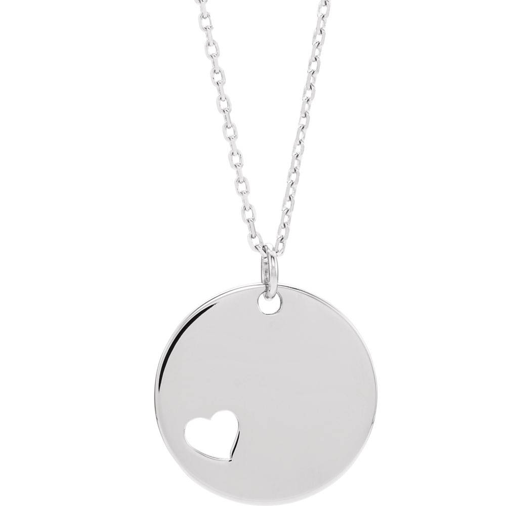 14k White Gold 15mm Pierced Heart Disc Necklace, Inch