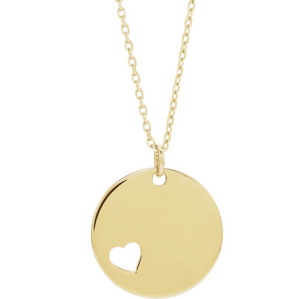 14k Yellow Gold 15mm Pierced Heart Disc Necklace, Inch