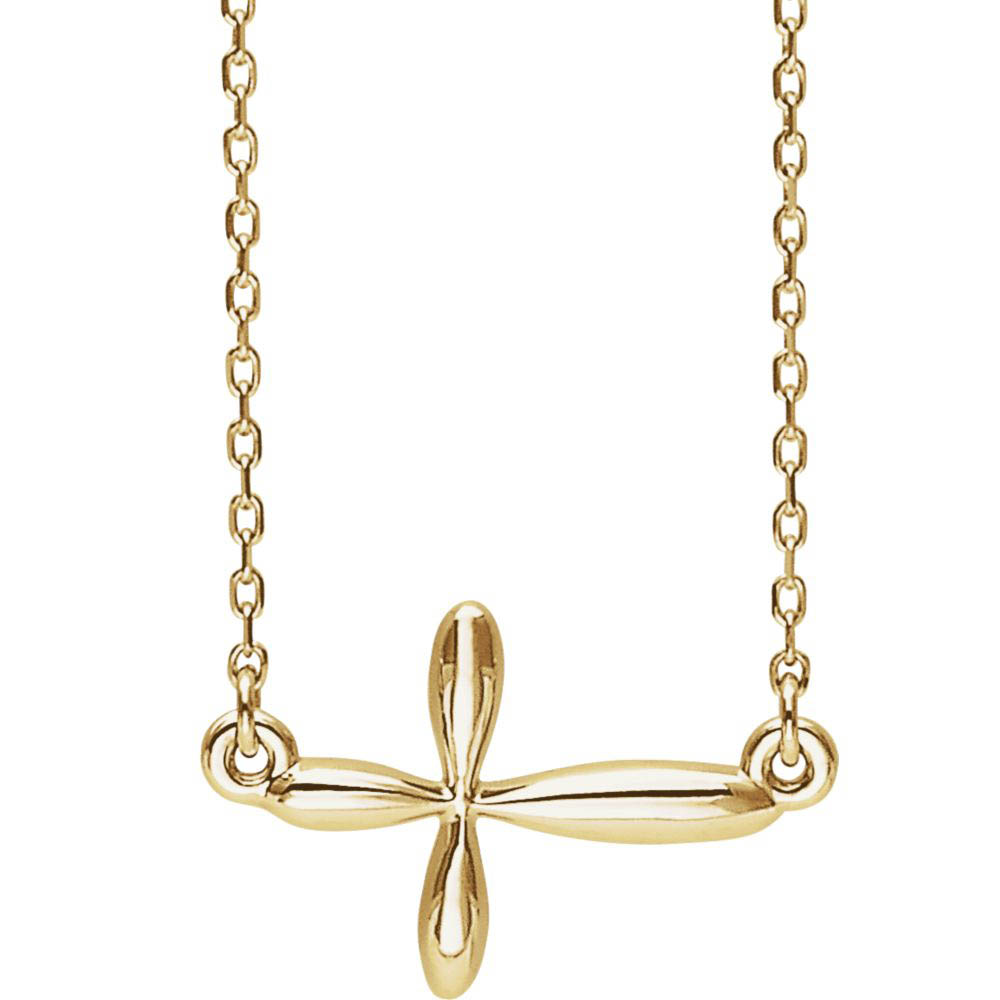 14k Yellow Gold Sideways Rounded Cross Necklace, Inch