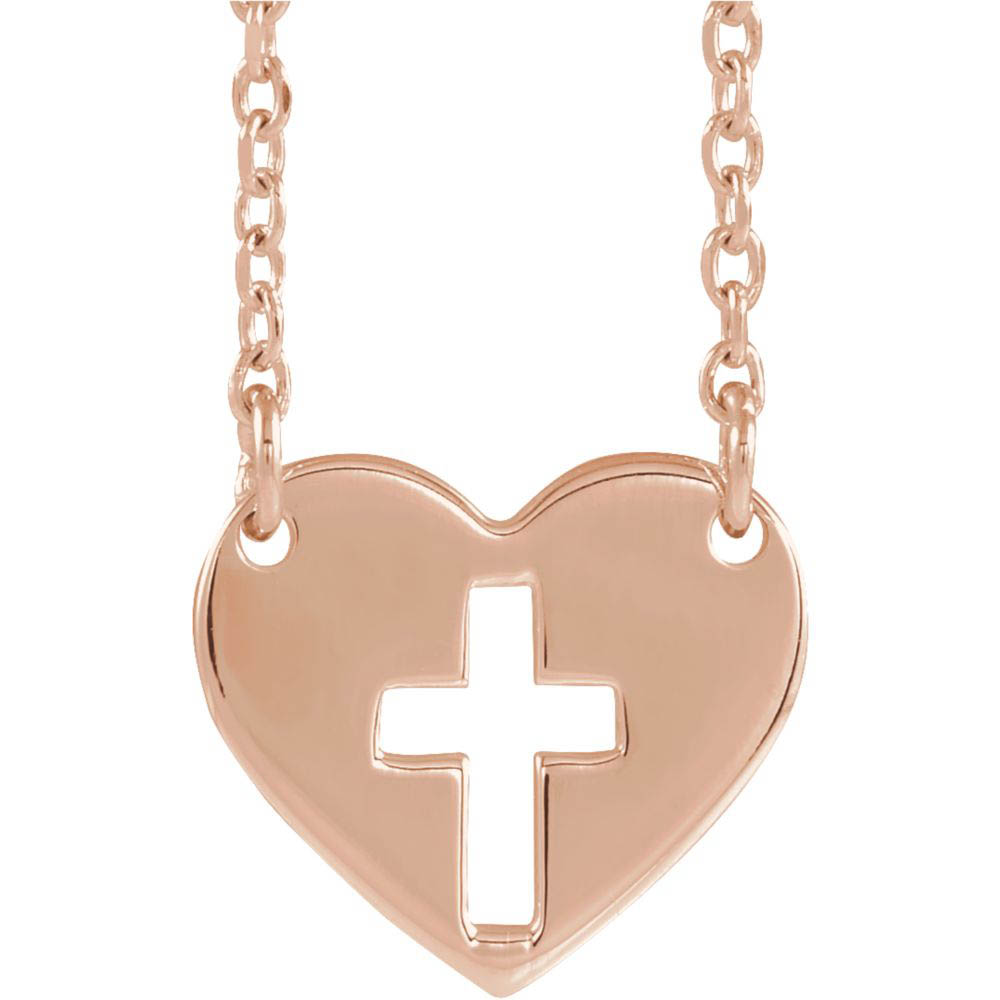 14k Yellow, White or Rose Gold Pierced Cross Heart Necklace, In