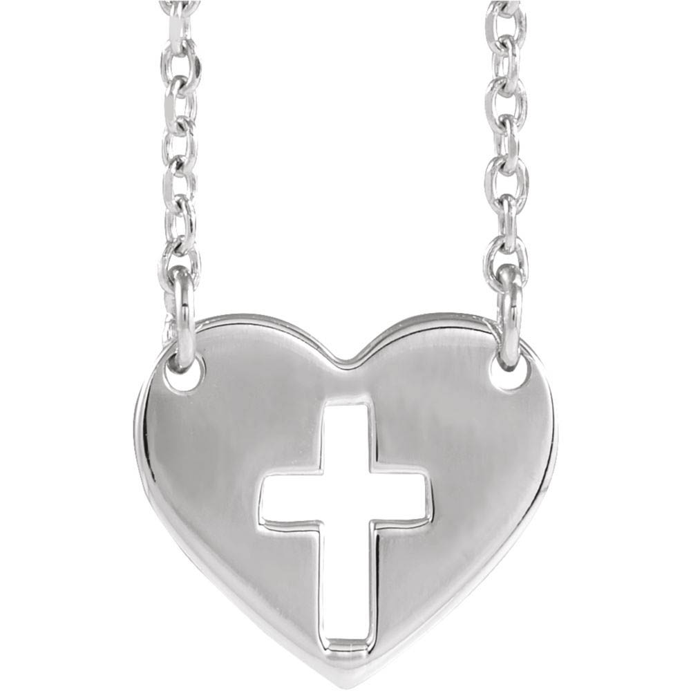 14k White Gold 10mm Pierced Cross Heart Necklace, Inch