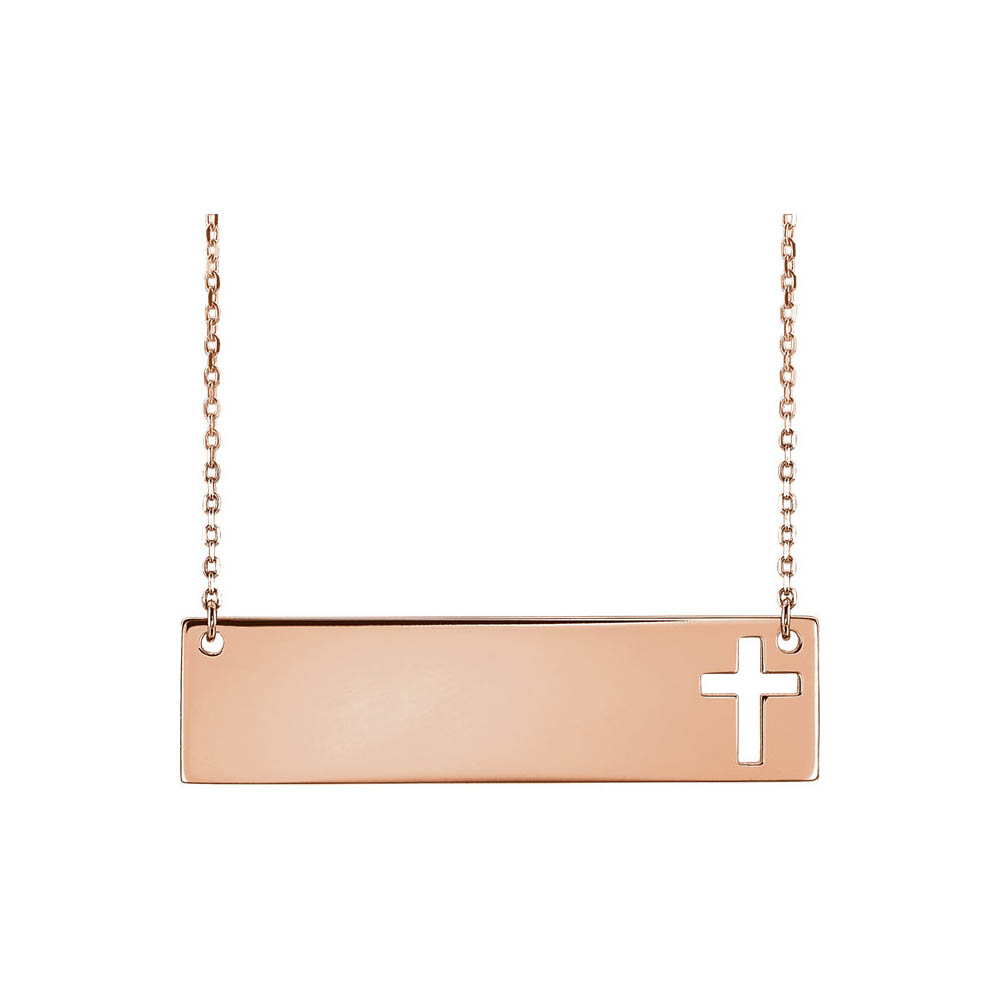 14k Yellow, White or Rose Gold Engravable Bar Cross Necklace
