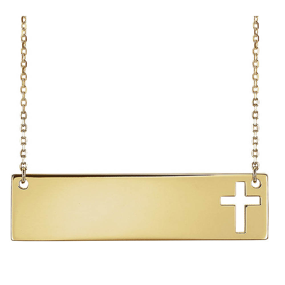 14k Yellow Gold Engravable Bar Pierced Cross Necklace, Inch