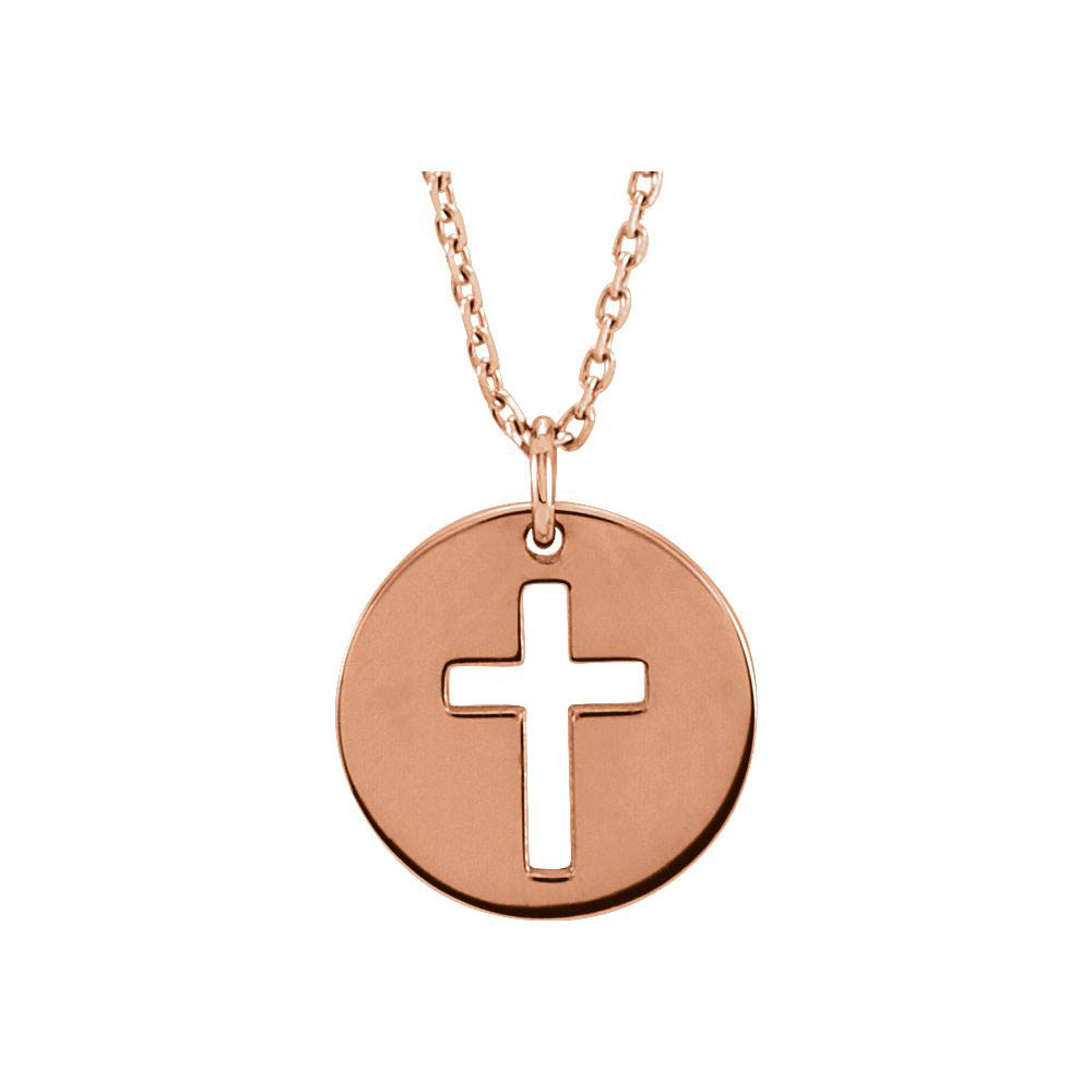 14k Yellow, White or Rose Gold 12mm Cross Disc Necklace, Inch