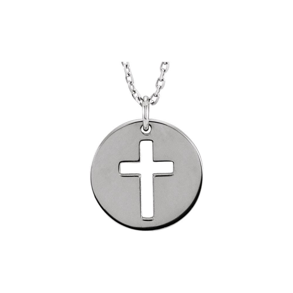 14k White Gold 12mm Pierced Cross Disc Necklace, Inch
