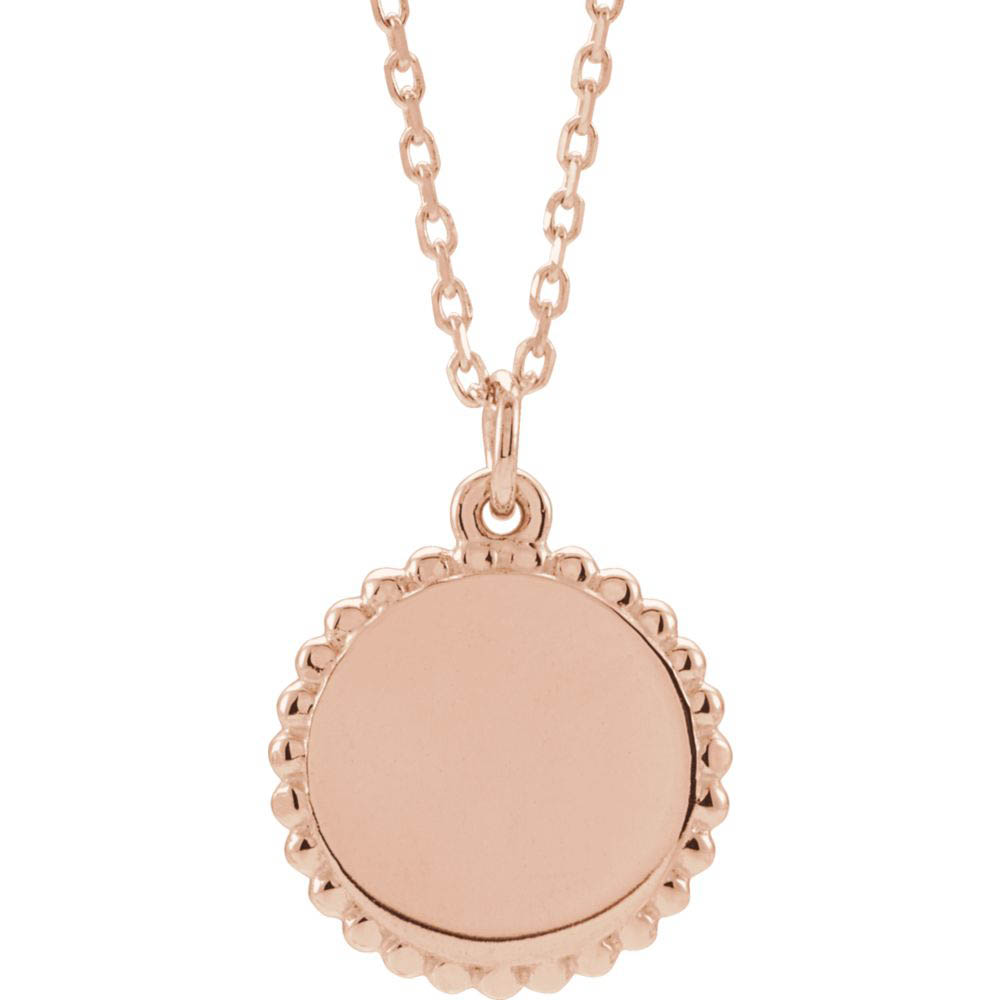 14k White, Yellow or Rose Gold 12mm Bead Edge Disc Necklace, In