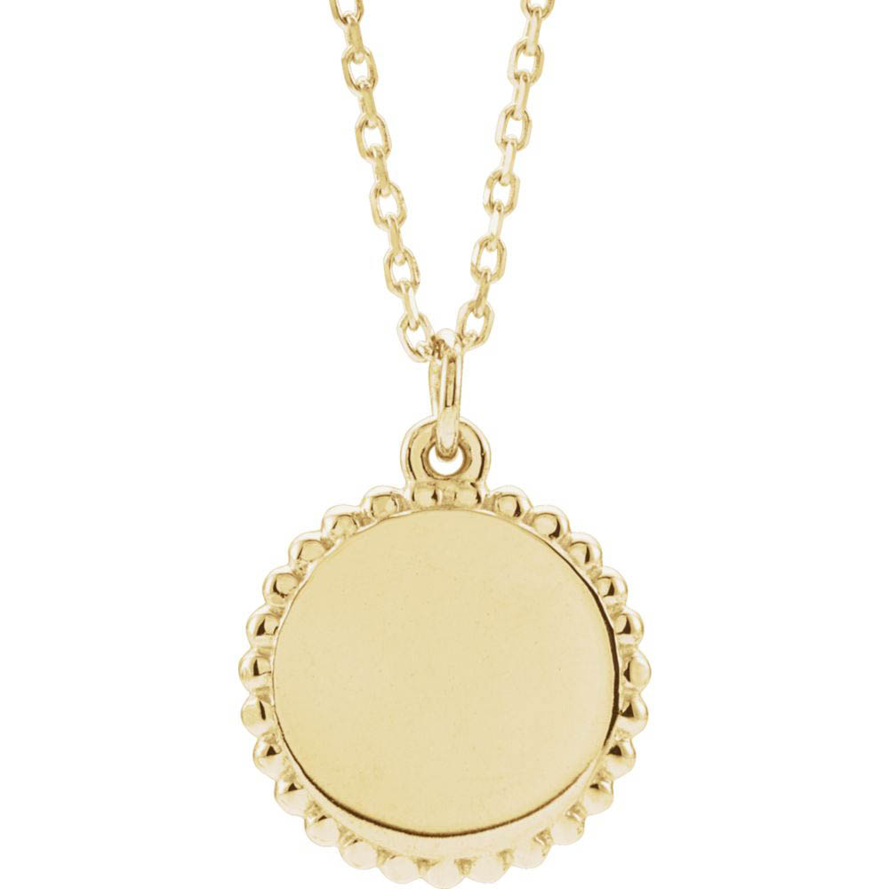 14k Yellow Gold 12mm Beaded Edge Disc Necklace, Inch