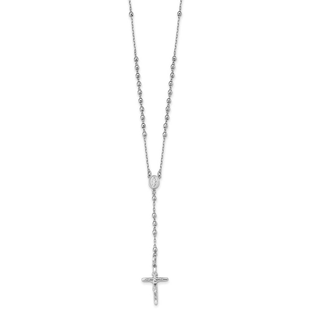 14k White Gold 3mm Beaded Rosary Necklace with Crucifix