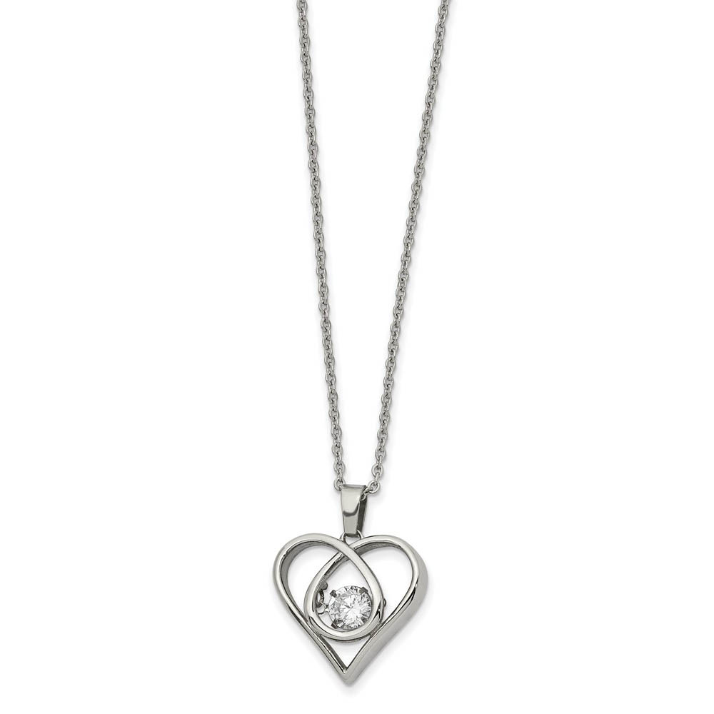 Stainless Steel and CZ 19mm Heart Necklace, Inch