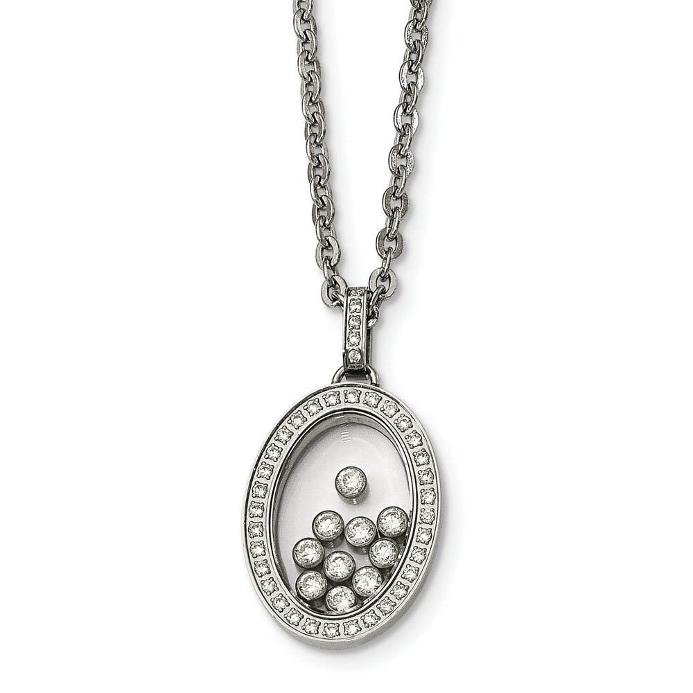 Stainless Steel, Glass and Floating CZ Oval Necklace