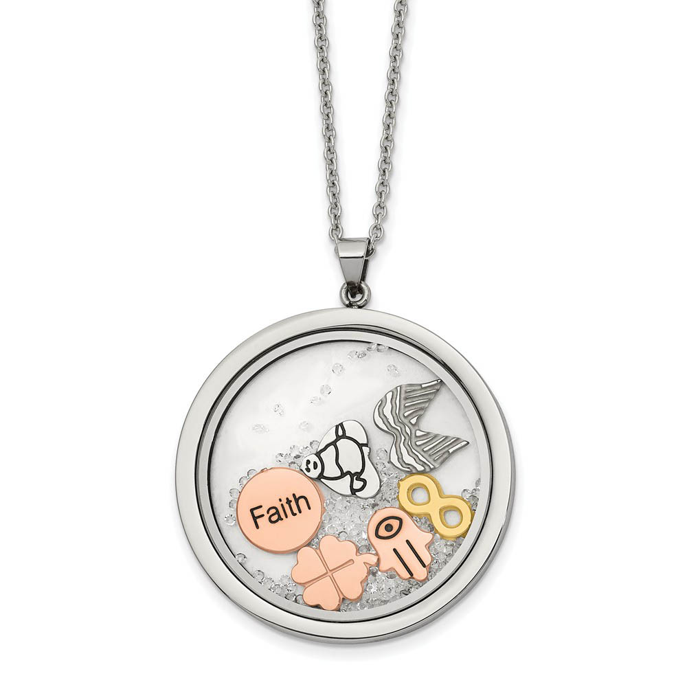 Stainless Steel, Enamel & Crystal Faith Theme Round Necklace