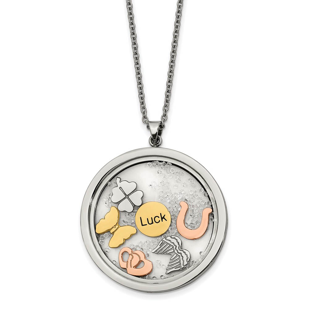 Stainless Steel, Enamel & Crystal Lucky Theme Round Necklace