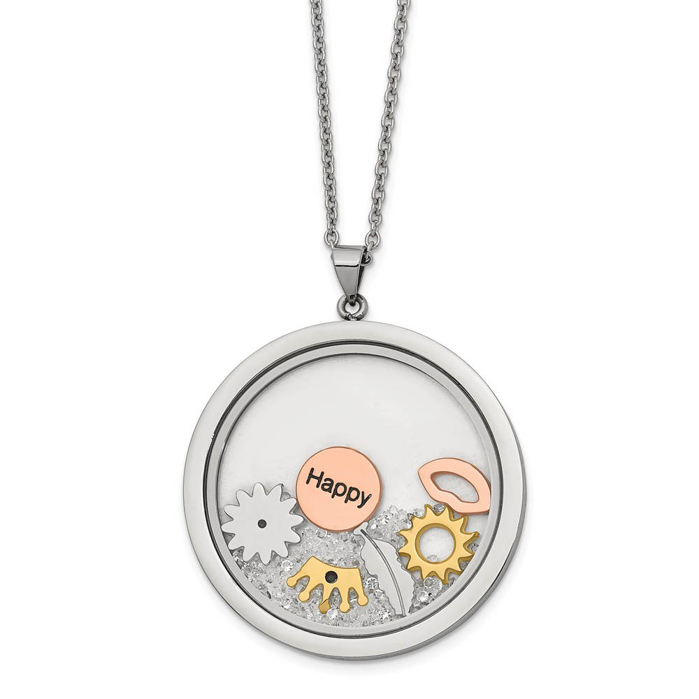 Stainless Steel, Enamel & Crystal Happy Theme Round Necklace
