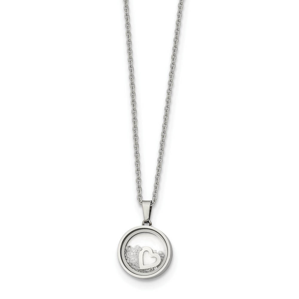 Stainless Steel & Crystal 12mm Round Floating Heart Necklace
