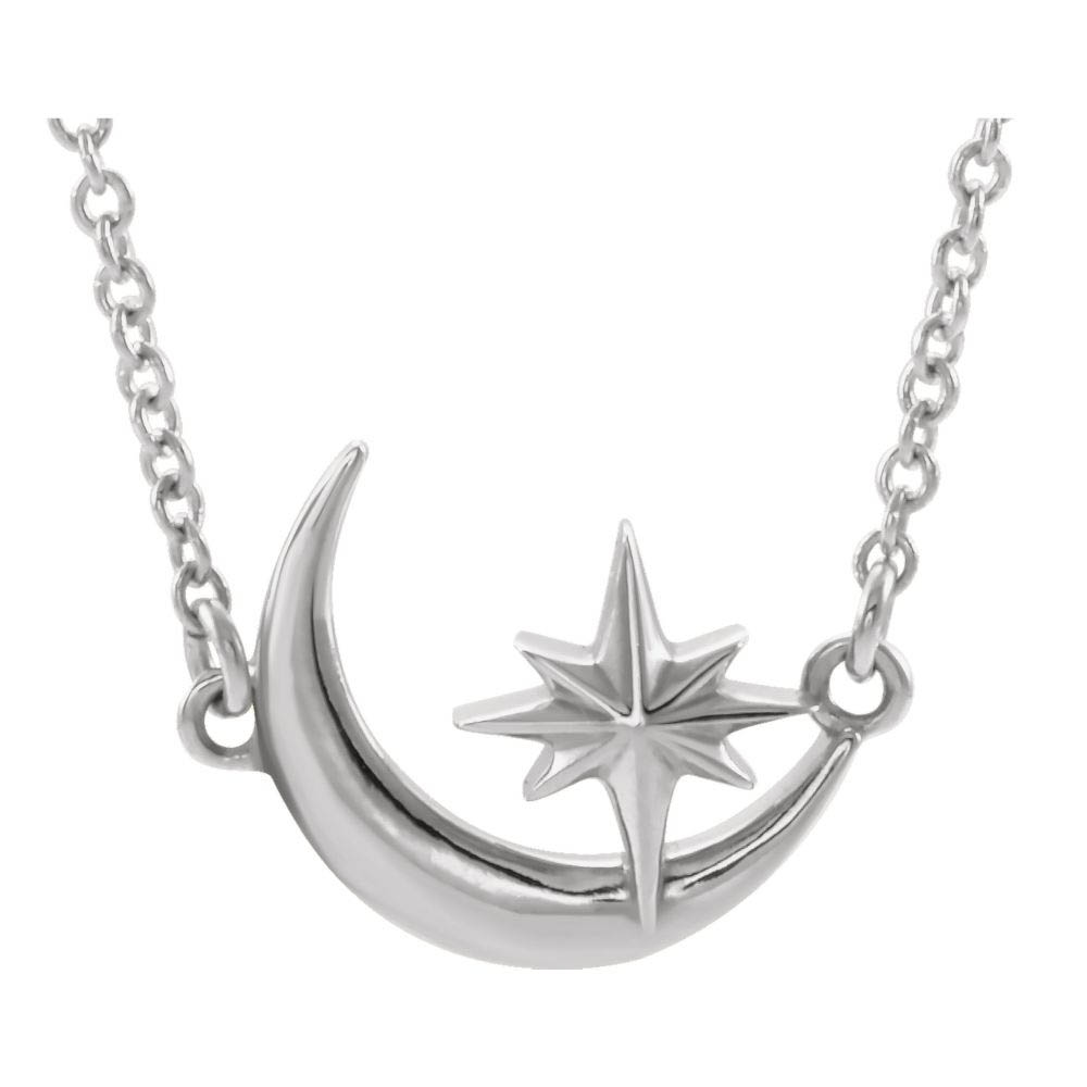 Platinum Crescent Moon & Stars Adjustable Necklace, Inch