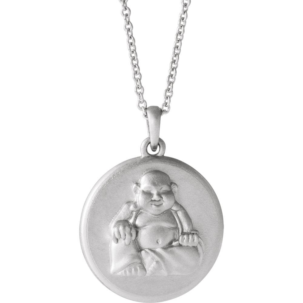 Sterling Silver Embossed Buddha 16mm Disc Necklace, Inch