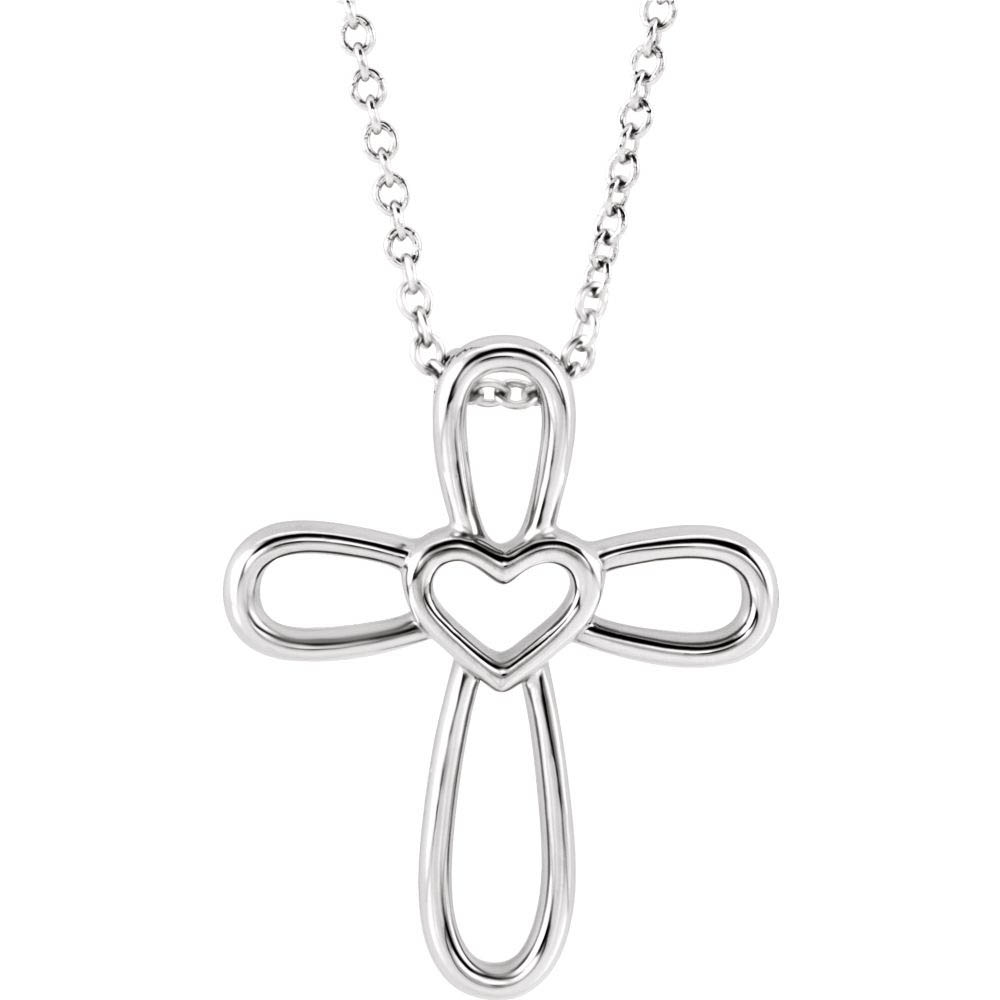 Platinum Looped Heart Cross Necklace, 16-18 Inch