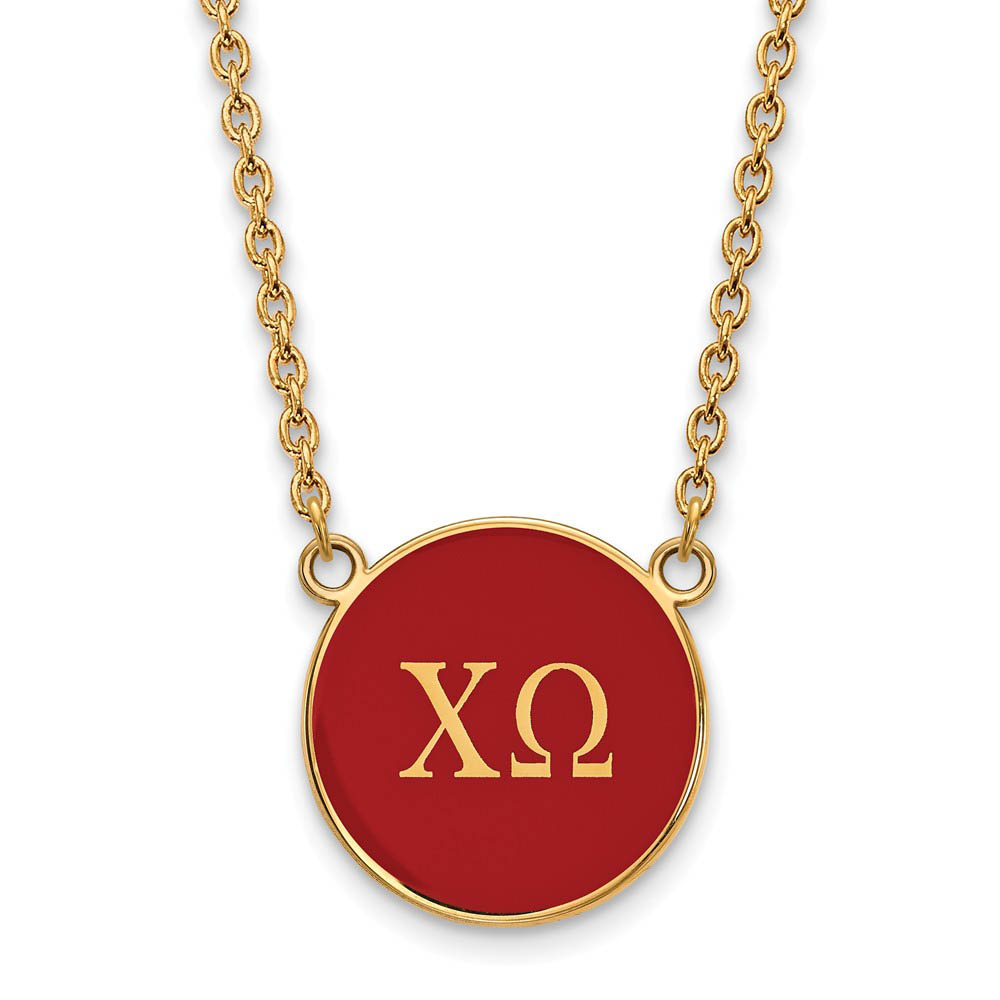 14K Plated Silver Chi Omega Lg Red Enamel Disc Greek Letters Necklace